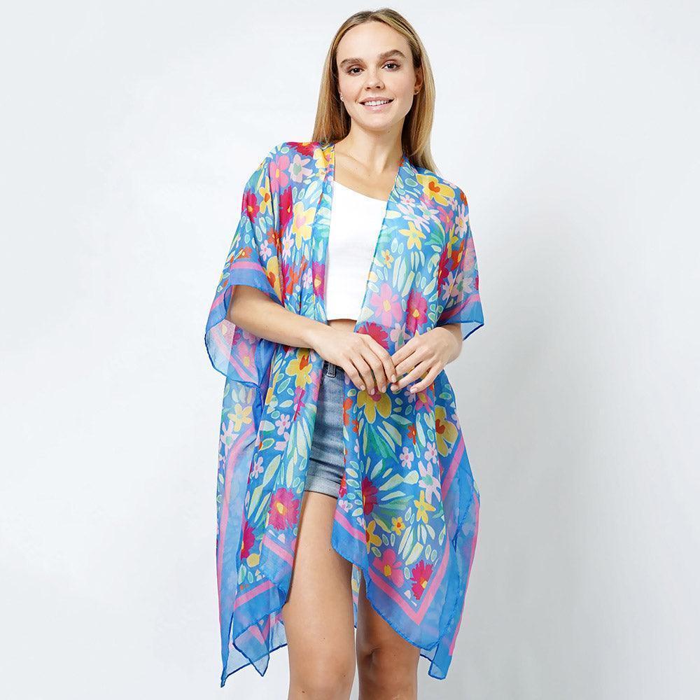 Blue Flower Print Kimono Poncho - Jewelry Store by Erik Rayo