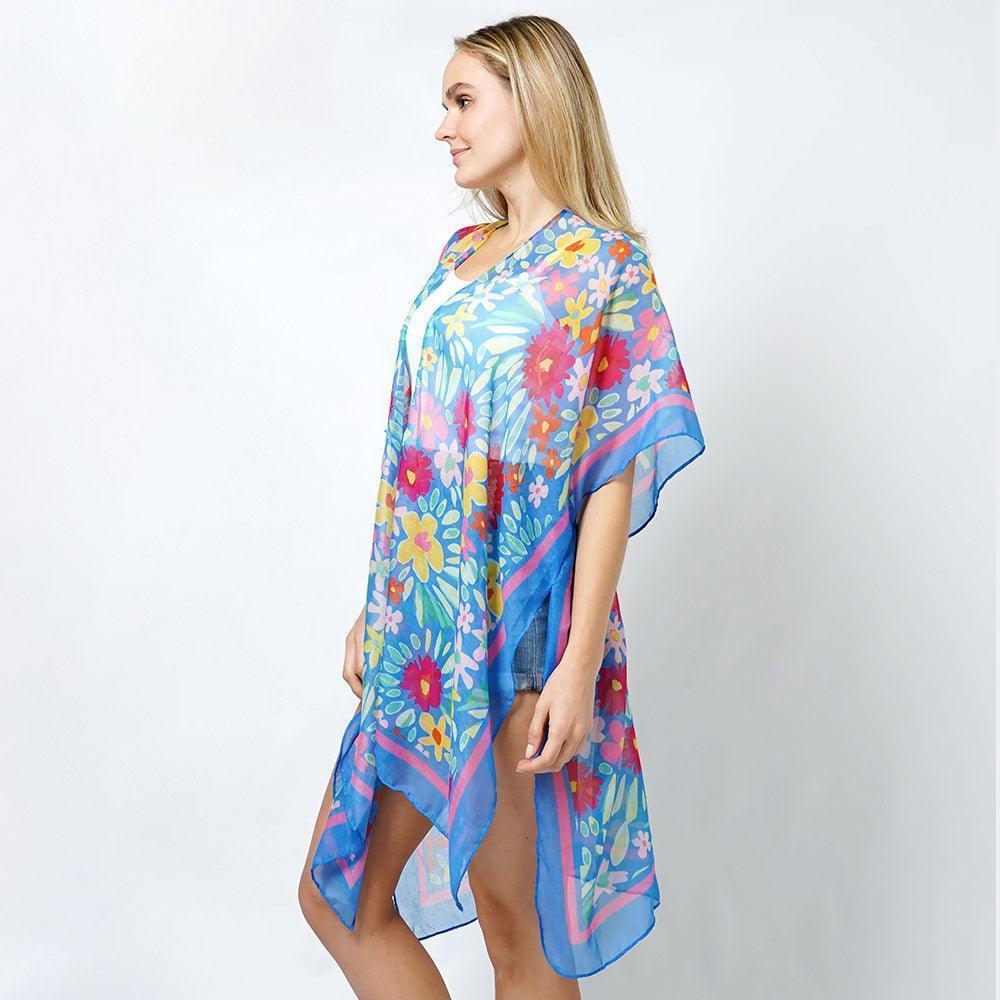 Blue Flower Print Kimono Poncho - Jewelry Store by Erik Rayo