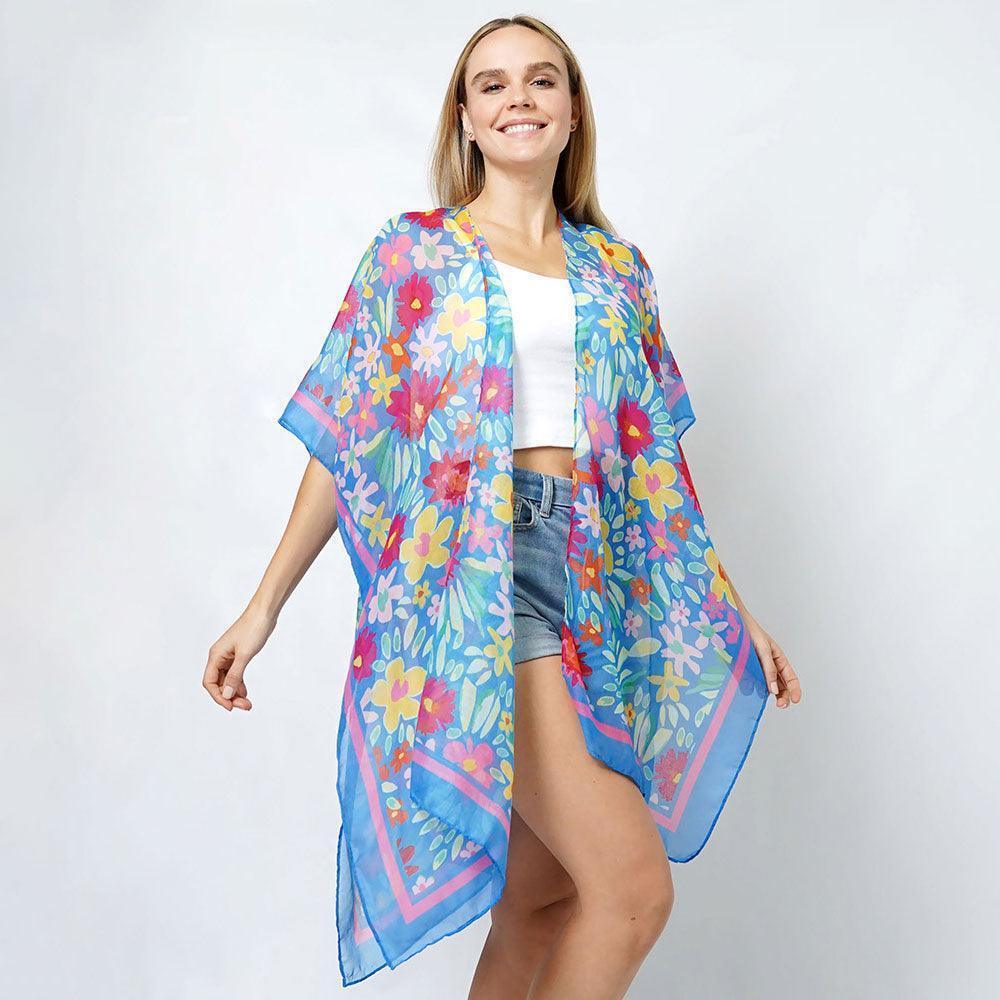 Blue Flower Print Kimono Poncho - Jewelry Store by Erik Rayo