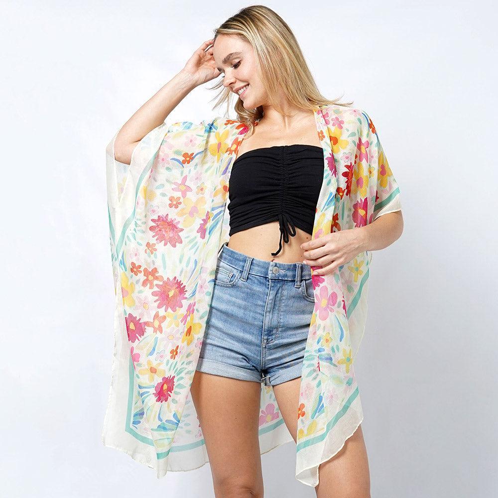 Ivory Flower Print Kimono Poncho - Jewelry Store by Erik Rayo