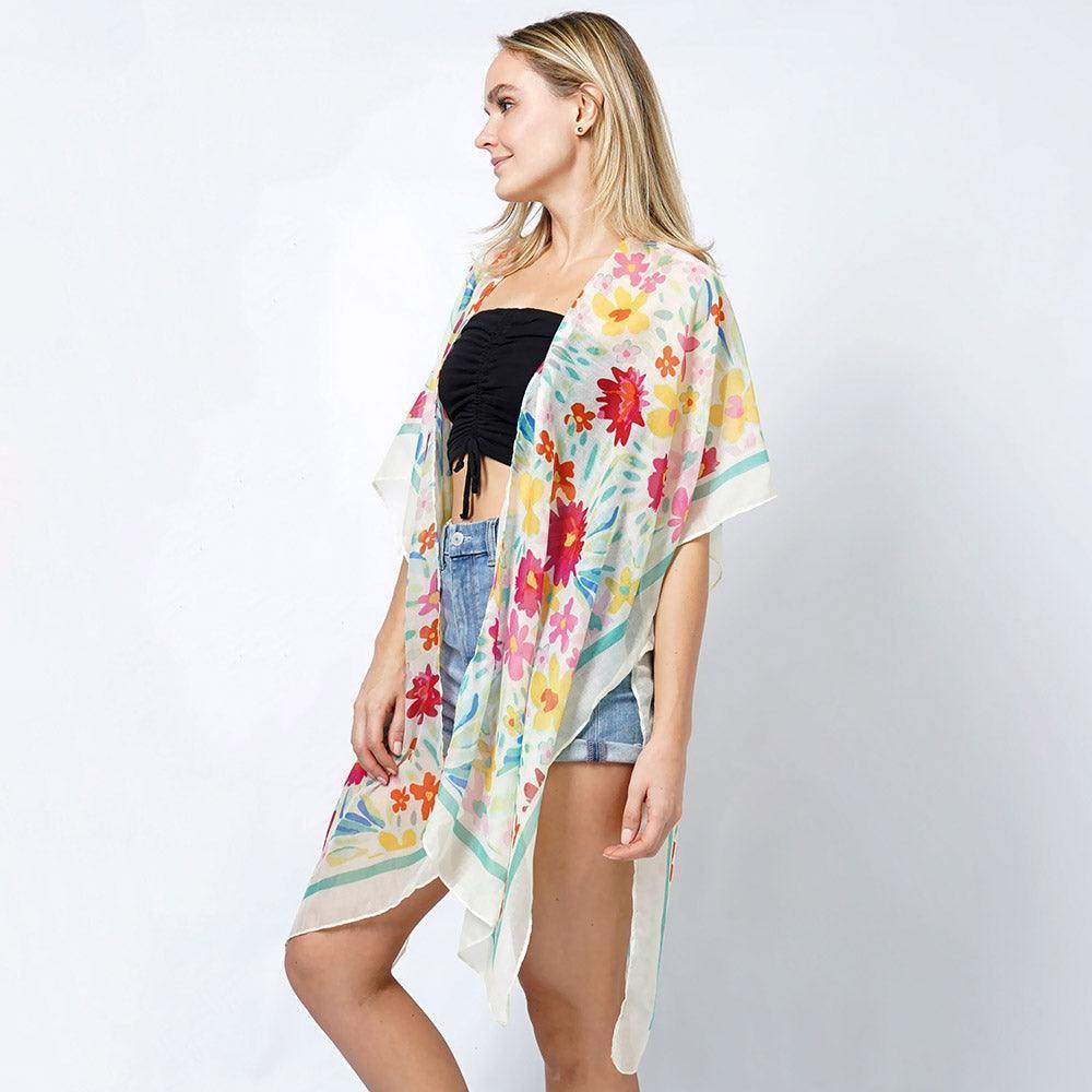 Ivory Flower Print Kimono Poncho - Jewelry Store by Erik Rayo