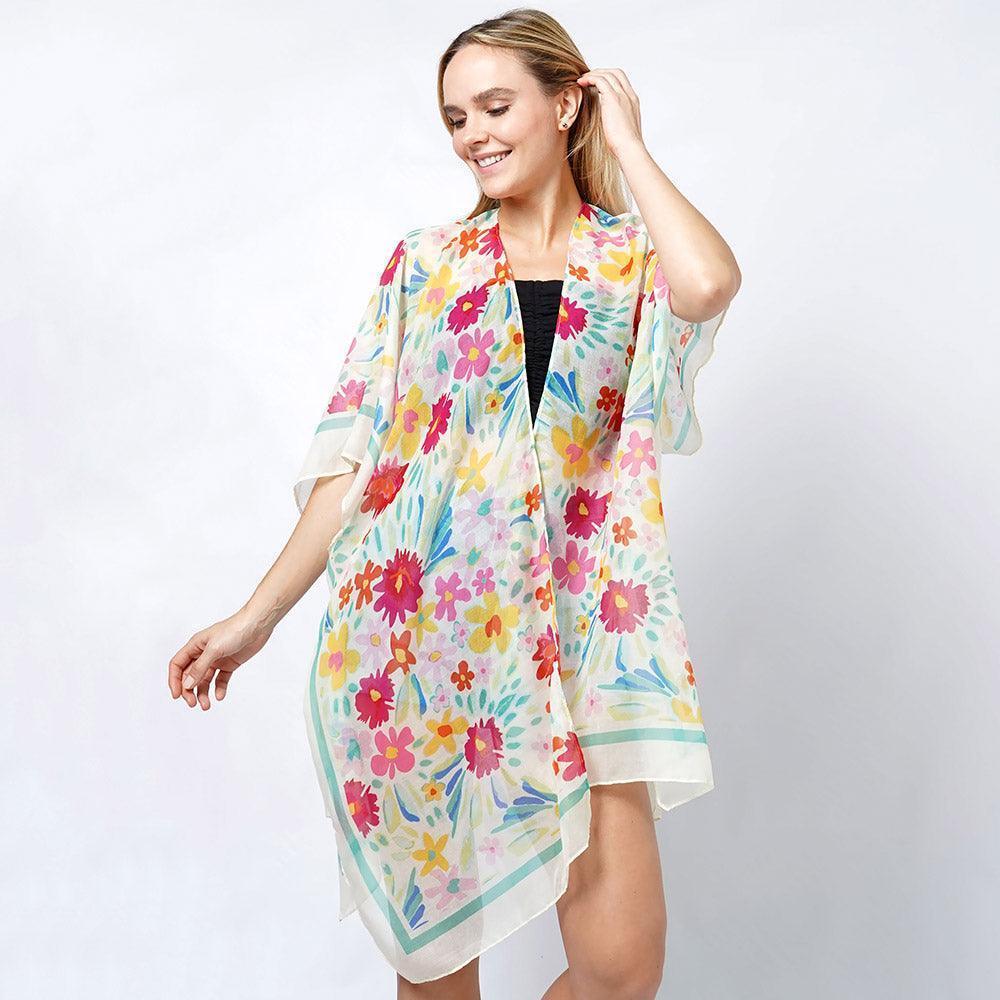 Ivory Flower Print Kimono Poncho - Jewelry Store by Erik Rayo
