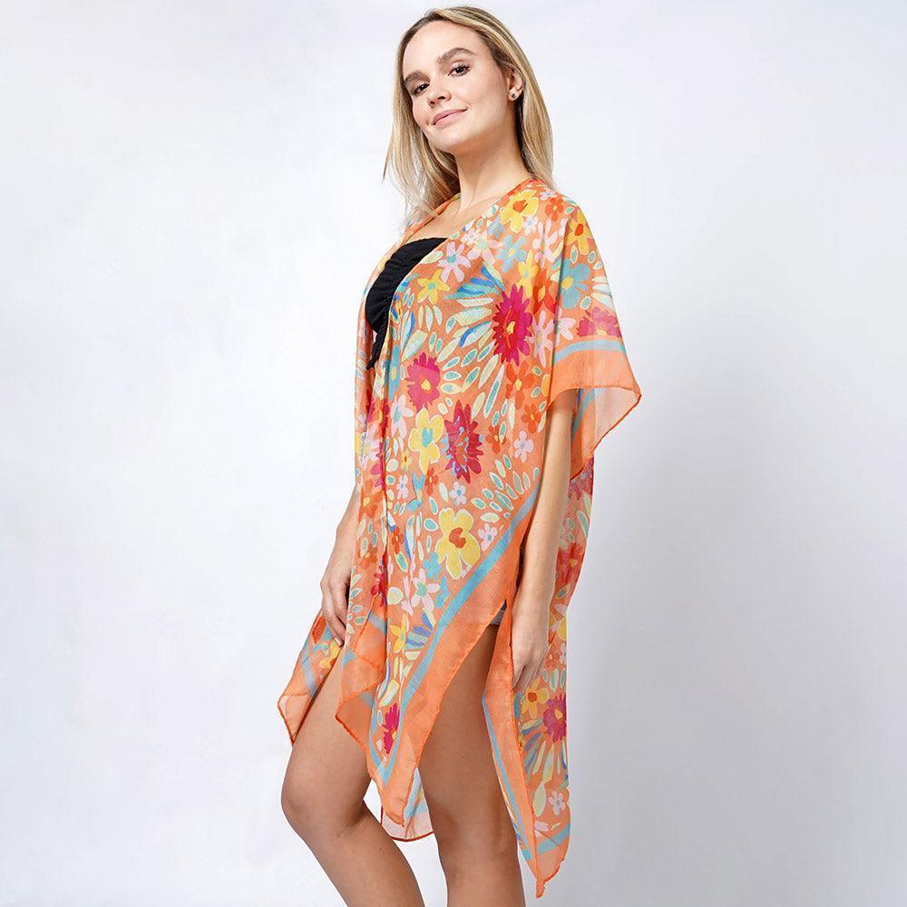 Orange Flower Print Kimono Poncho - Jewelry Store by Erik Rayo