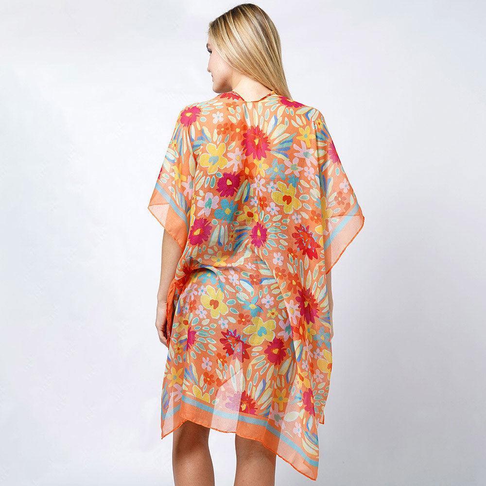 Orange Flower Print Kimono Poncho - Jewelry Store by Erik Rayo
