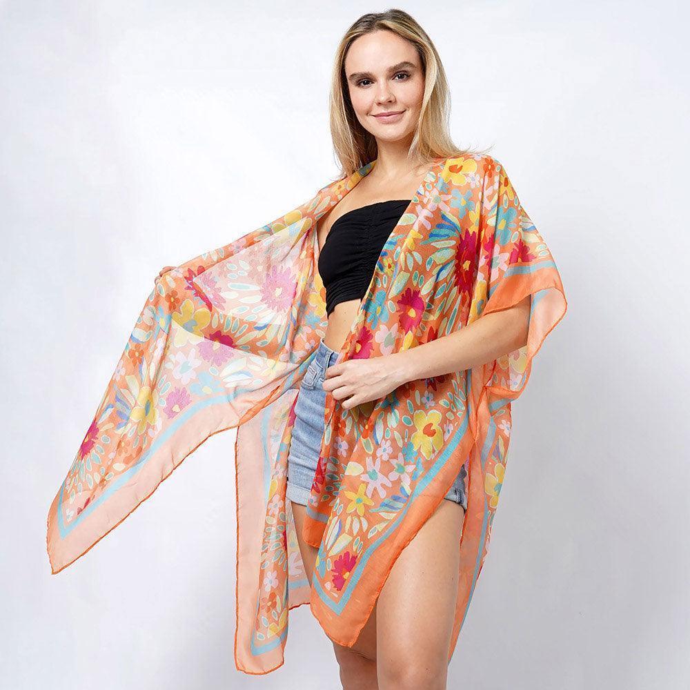 Orange Flower Print Kimono Poncho - Jewelry Store by Erik Rayo