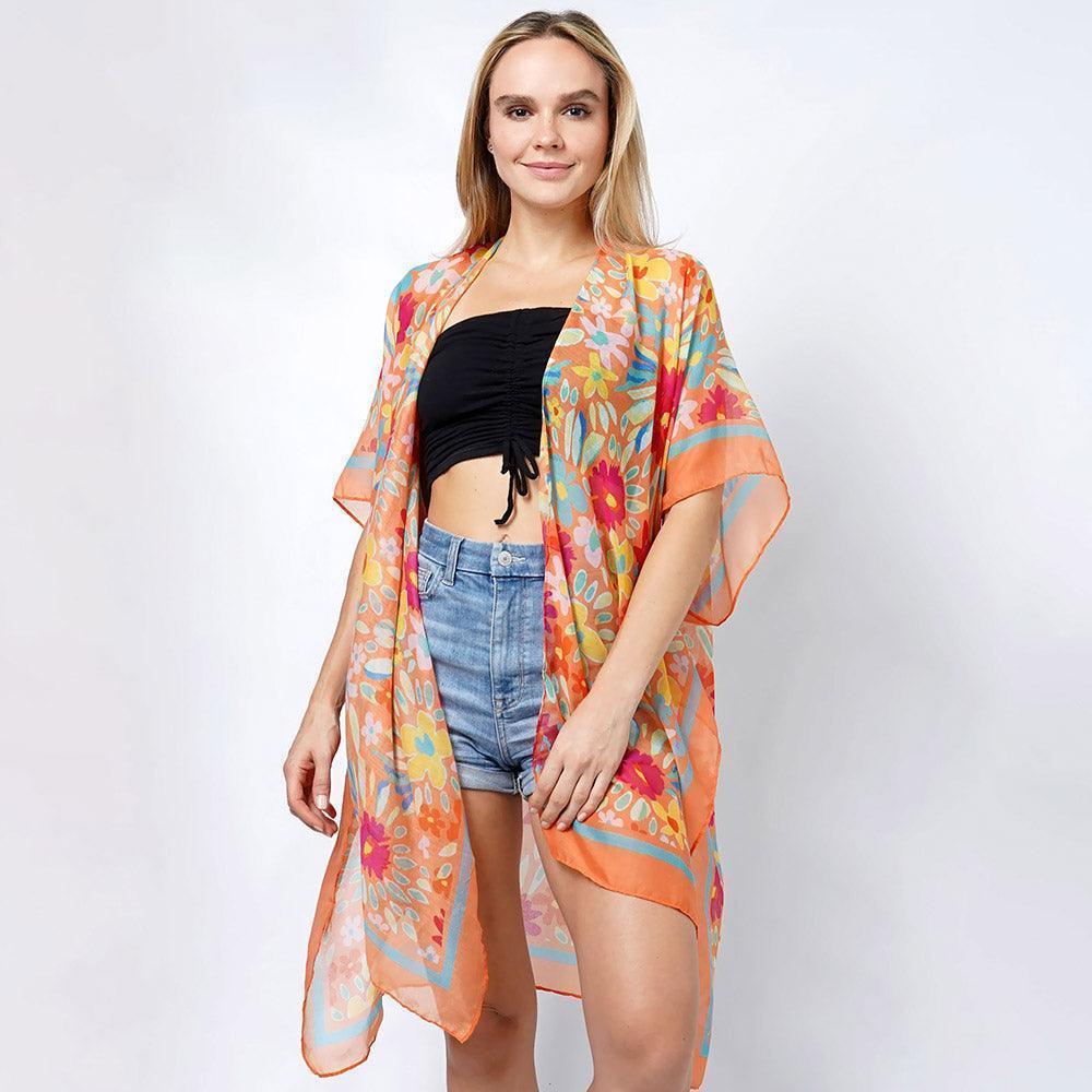 Orange Flower Print Kimono Poncho - Jewelry Store by Erik Rayo