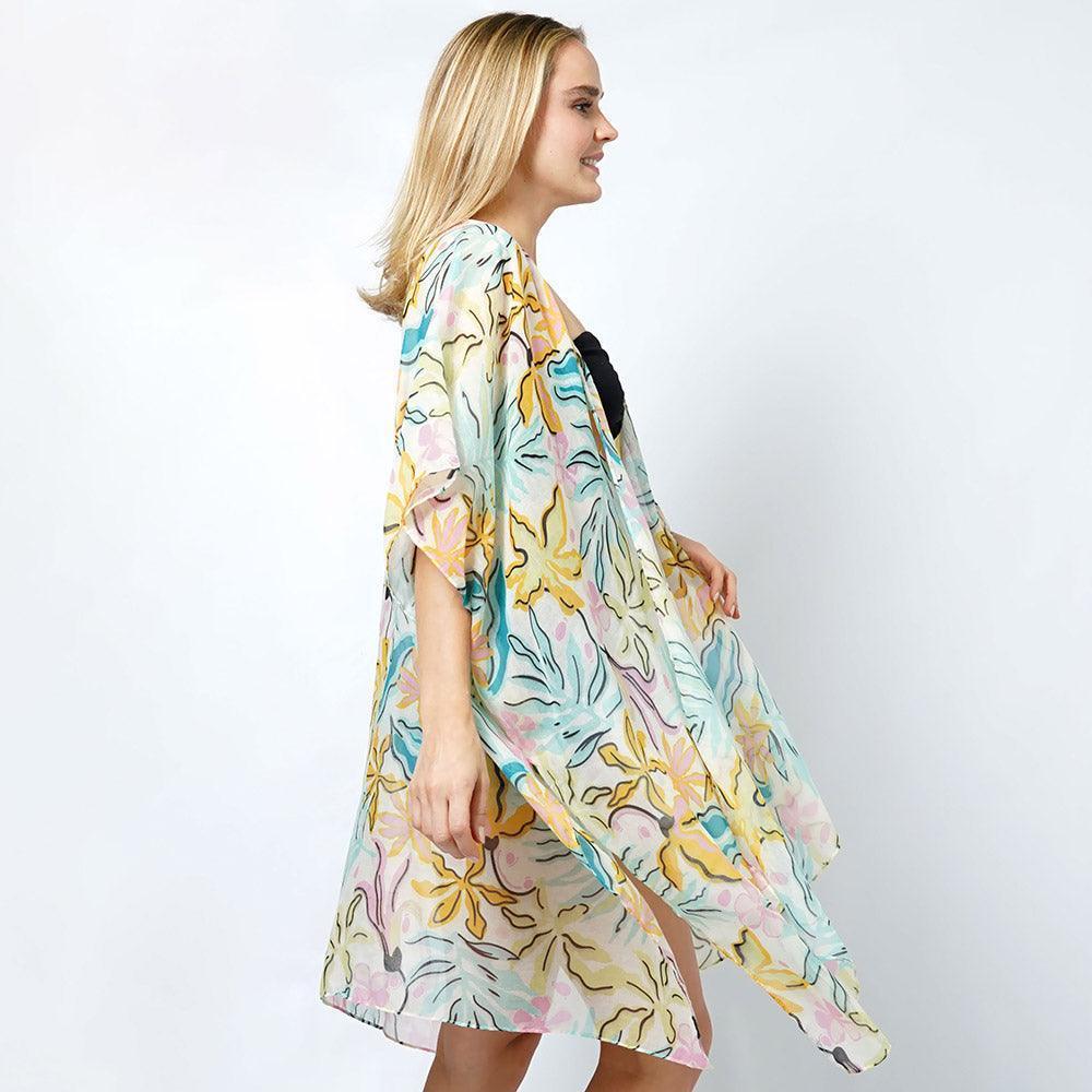 Ivory Tropical Print Kimono Poncho - Jewelry Store by Erik Rayo