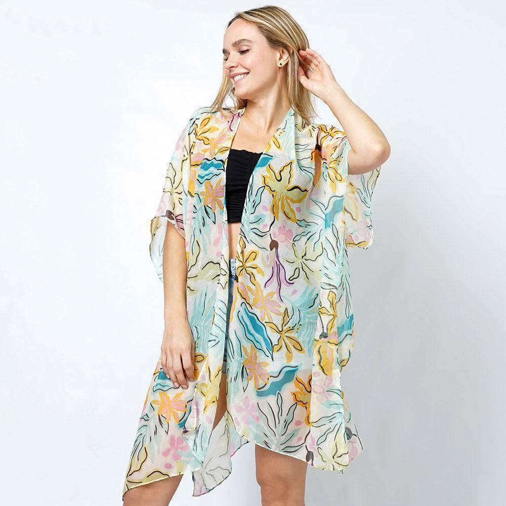 Ivory Tropical Print Kimono Poncho - Jewelry Store by Erik Rayo