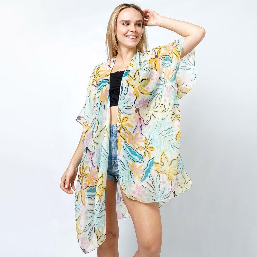 Ivory Tropical Print Kimono Poncho - Jewelry Store by Erik Rayo
