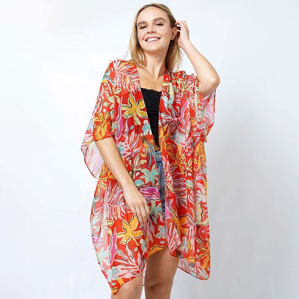 Red Tropical Print Kimono Poncho - Jewelry Store by Erik Rayo