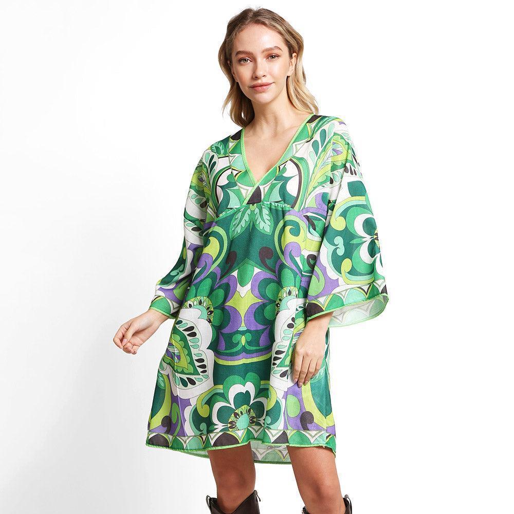Green Mixed Printed Cover Up Dress - Jewelry Store by Erik Rayo