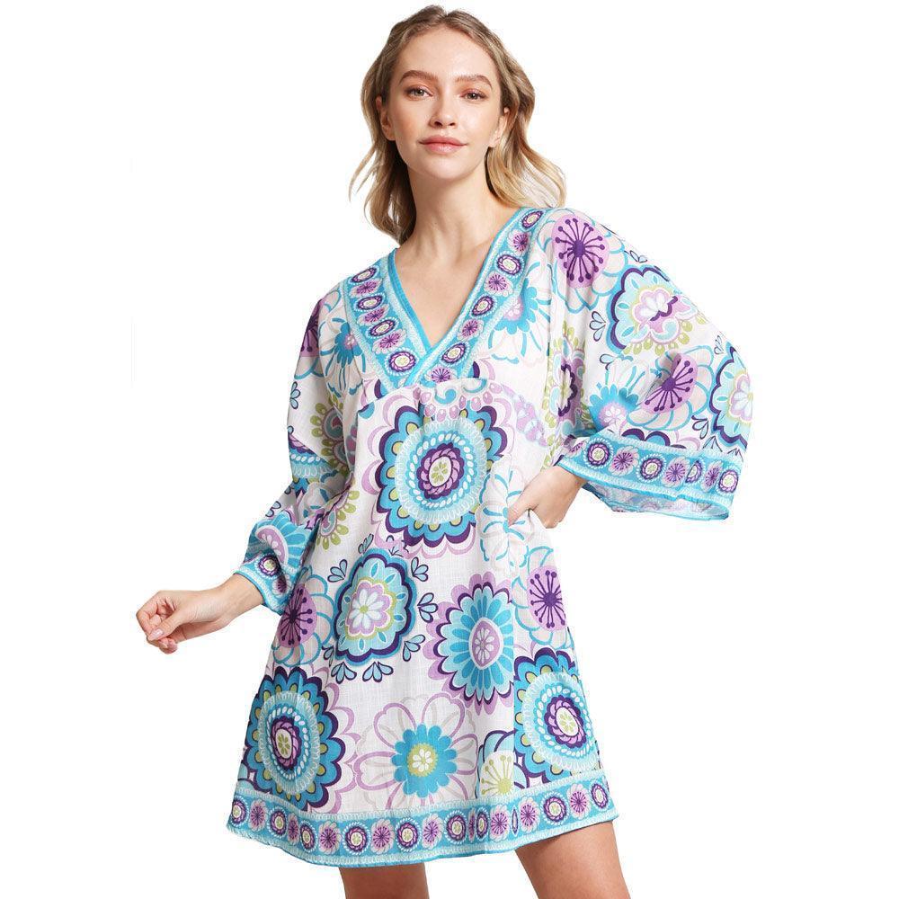 Blue Floral Printed Cover Up Dress - Jewelry Store by Erik Rayo