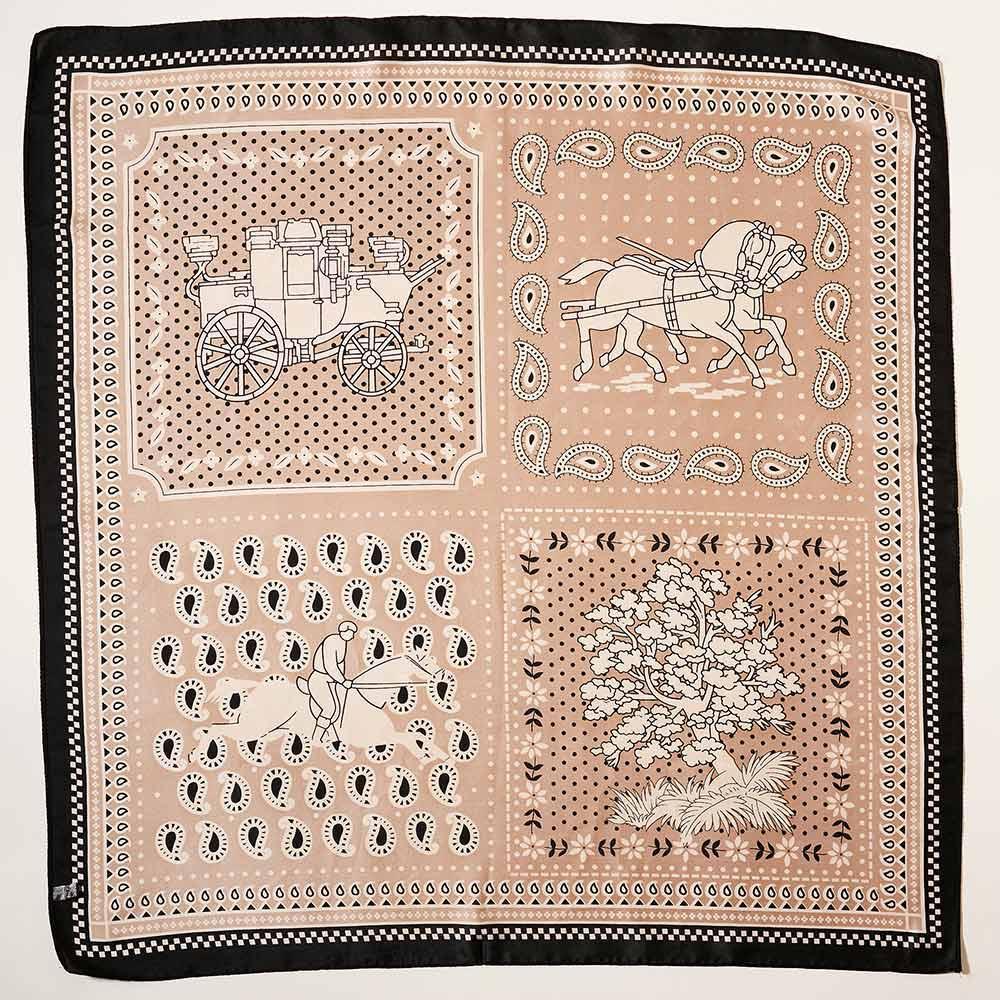 Beige Horse Rider Coach Square Paisley Pattern Scarf - Jewelry Store by Erik Rayo