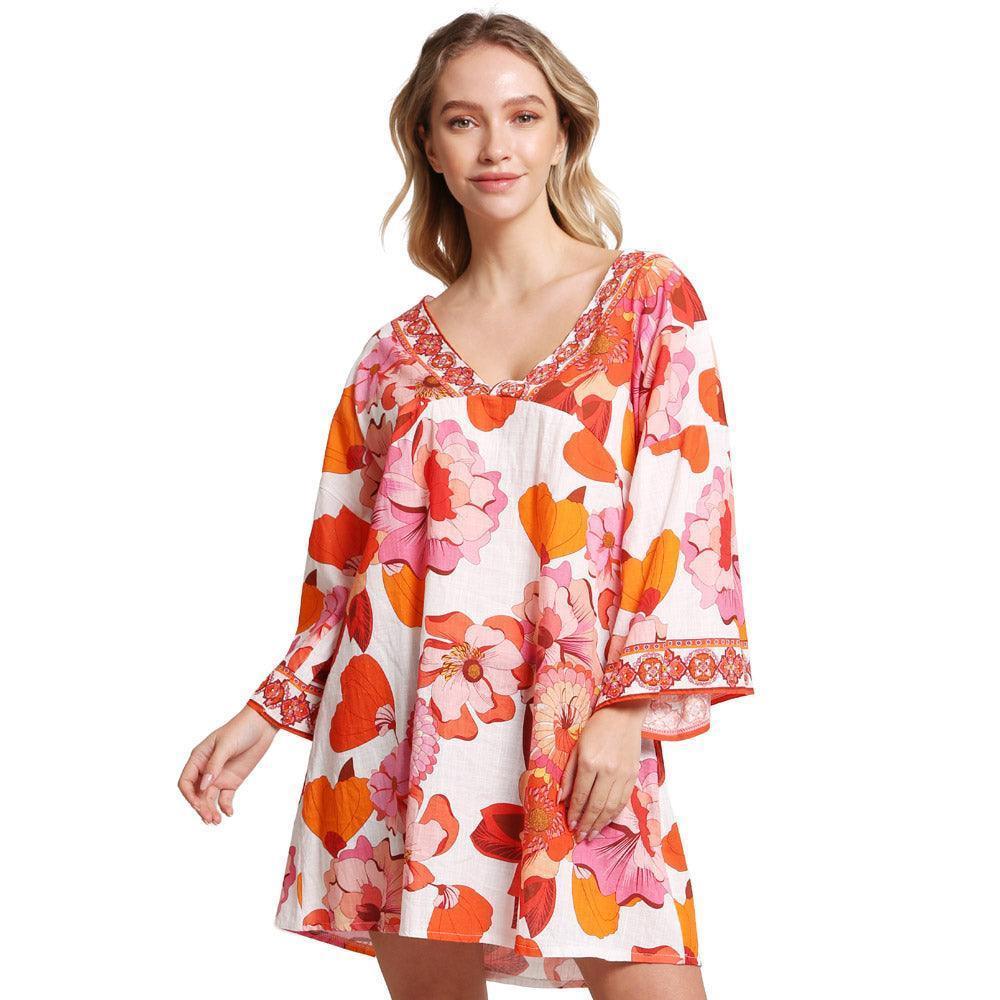 Orange Floral Printed Cover Up Dress - Jewelry Store by Erik Rayo