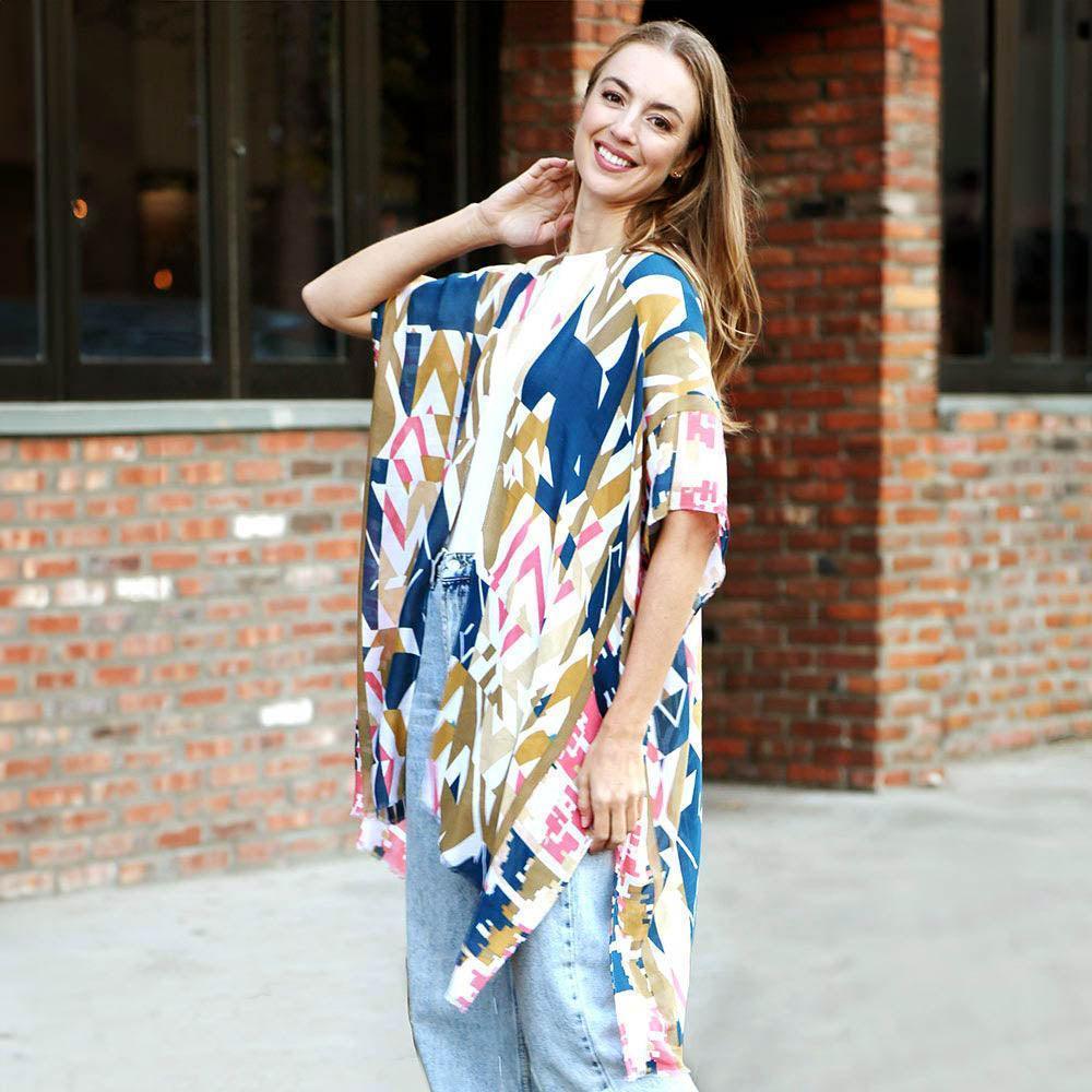 Khaki Abstract Cover Up Kimono Poncho - Jewelry Store by Erik Rayo