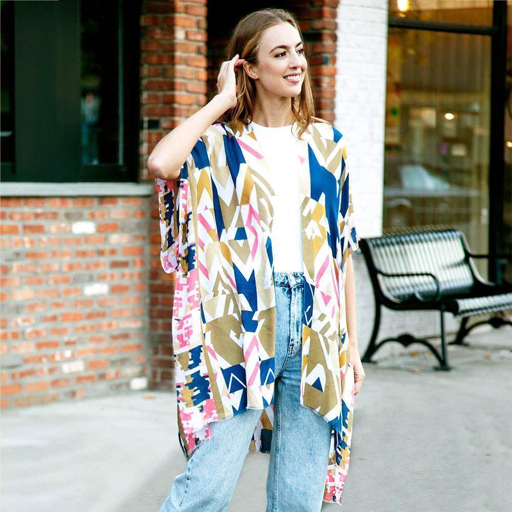 Khaki Abstract Cover Up Kimono Poncho - Jewelry Store by Erik Rayo
