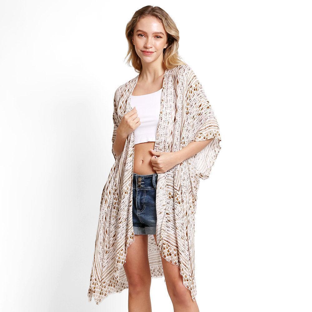 Beige Scale Mixed Cover Up Kimono Poncho - Jewelry Store by Erik Rayo
