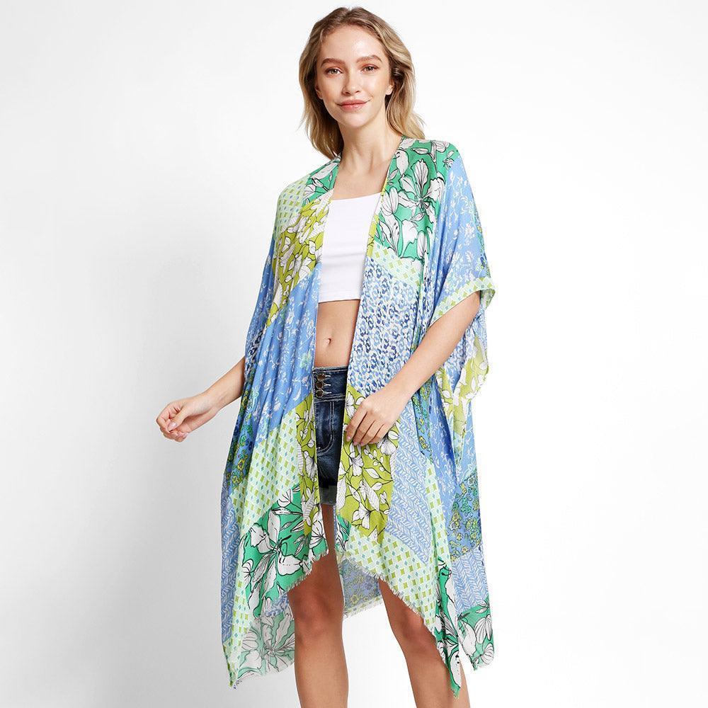 Blue Floral Mixed Cover Up Kimono Poncho - Jewelry Store by Erik Rayo