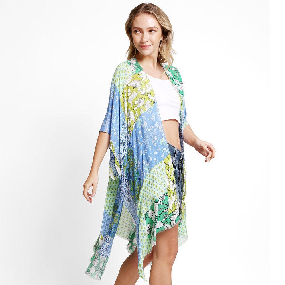 Blue Floral Mixed Cover Up Kimono Poncho - Jewelry Store by Erik Rayo
