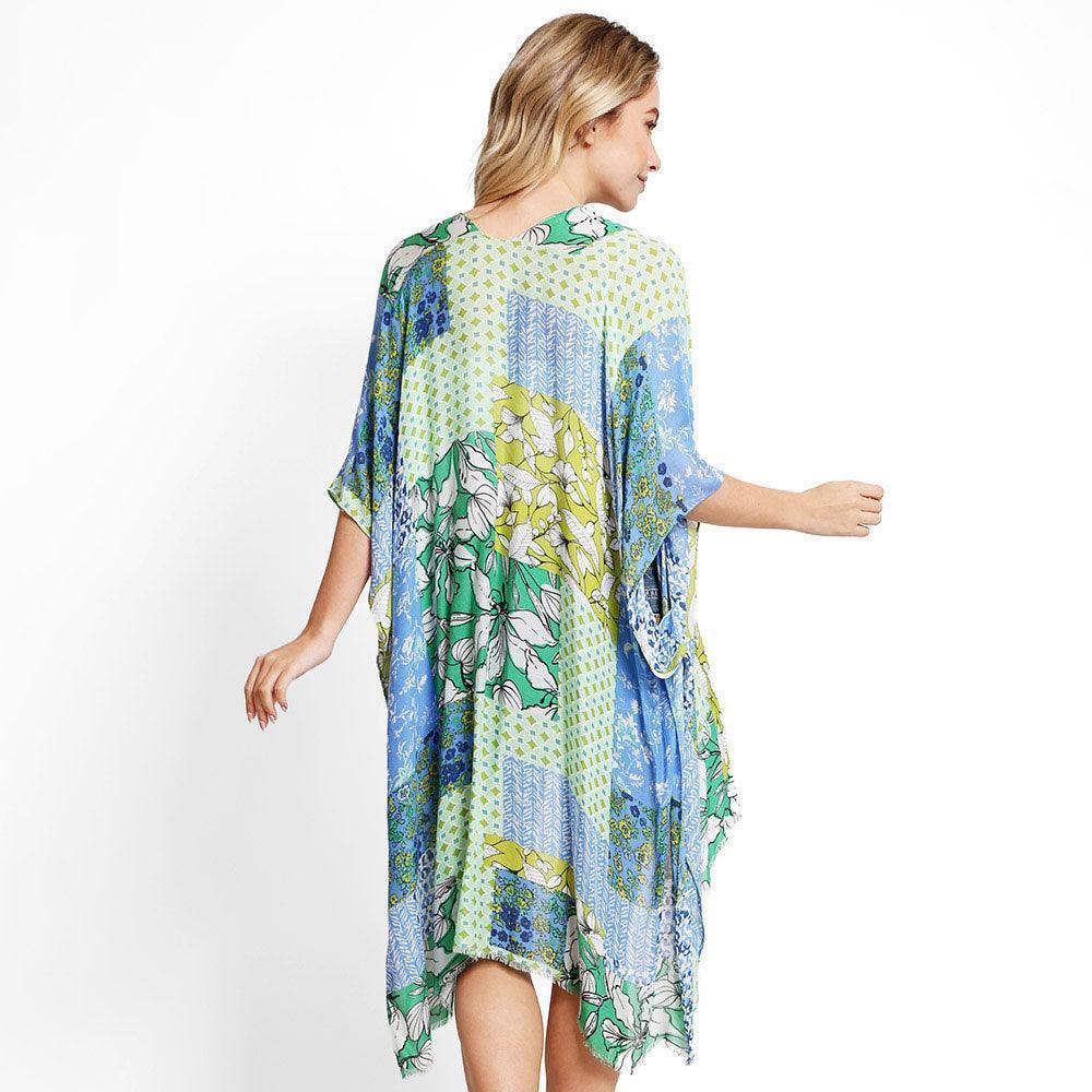 Blue Floral Mixed Cover Up Kimono Poncho - Jewelry Store by Erik Rayo