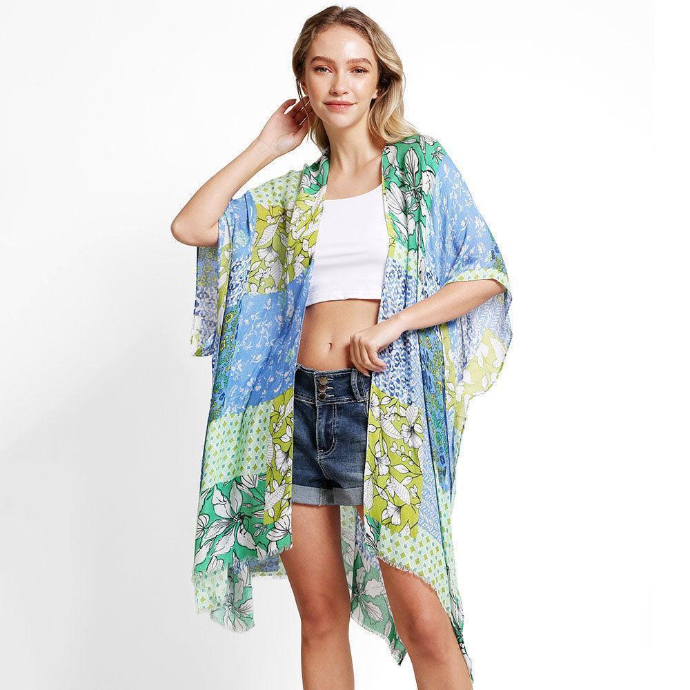 Blue Floral Mixed Cover Up Kimono Poncho - Jewelry Store by Erik Rayo