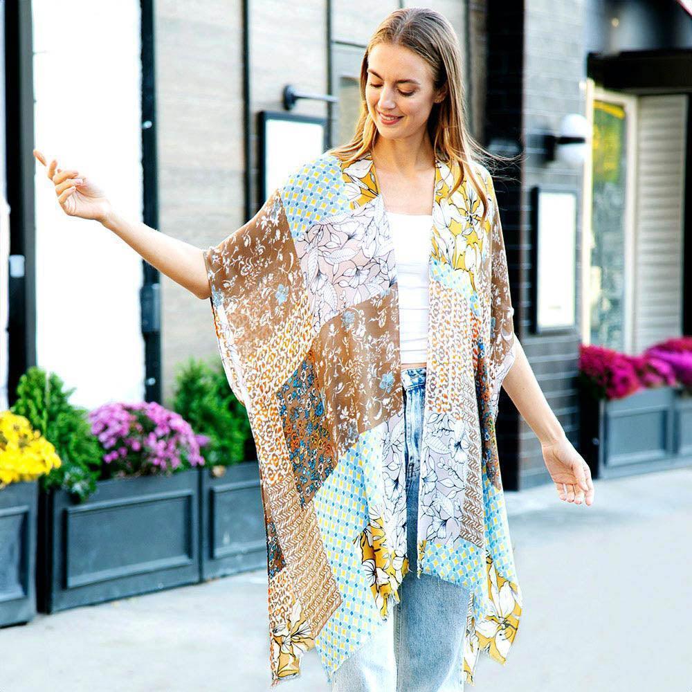 Beige Floral Mixed Cover Up Kimono Poncho - Jewelry Store by Erik Rayo