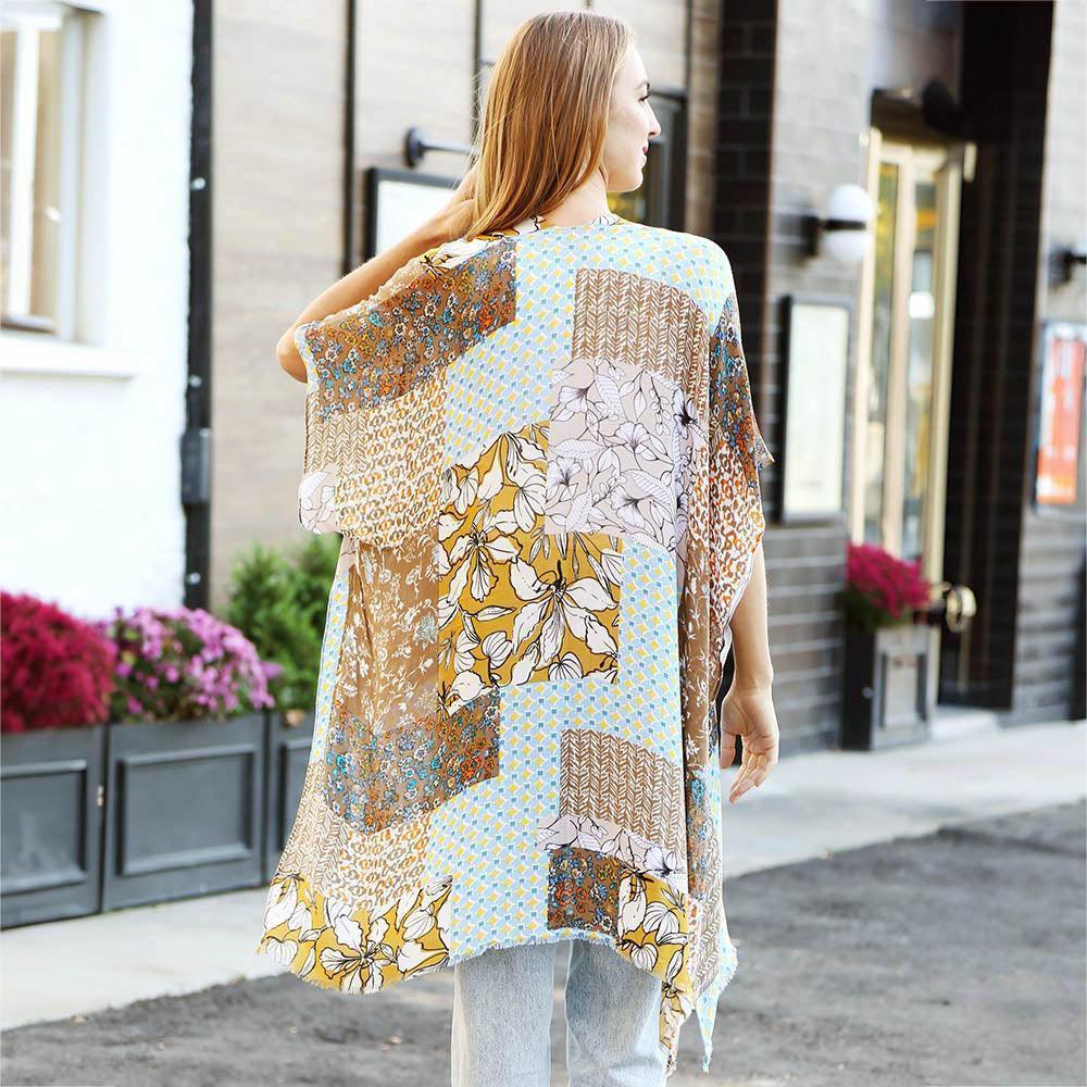 Beige Floral Mixed Cover Up Kimono Poncho - Jewelry Store by Erik Rayo