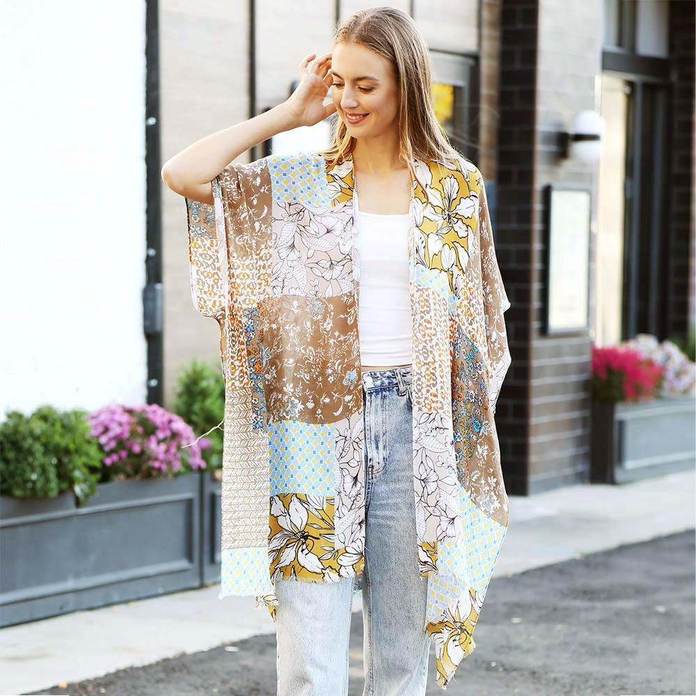 Beige Floral Mixed Cover Up Kimono Poncho - Jewelry Store by Erik Rayo