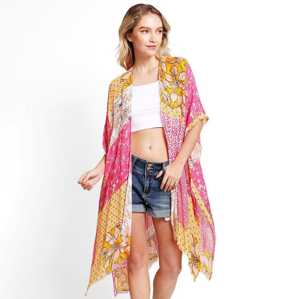 Fuchsia Floral Mixed Cover Up Kimono Poncho - Jewelry Store by Erik Rayo