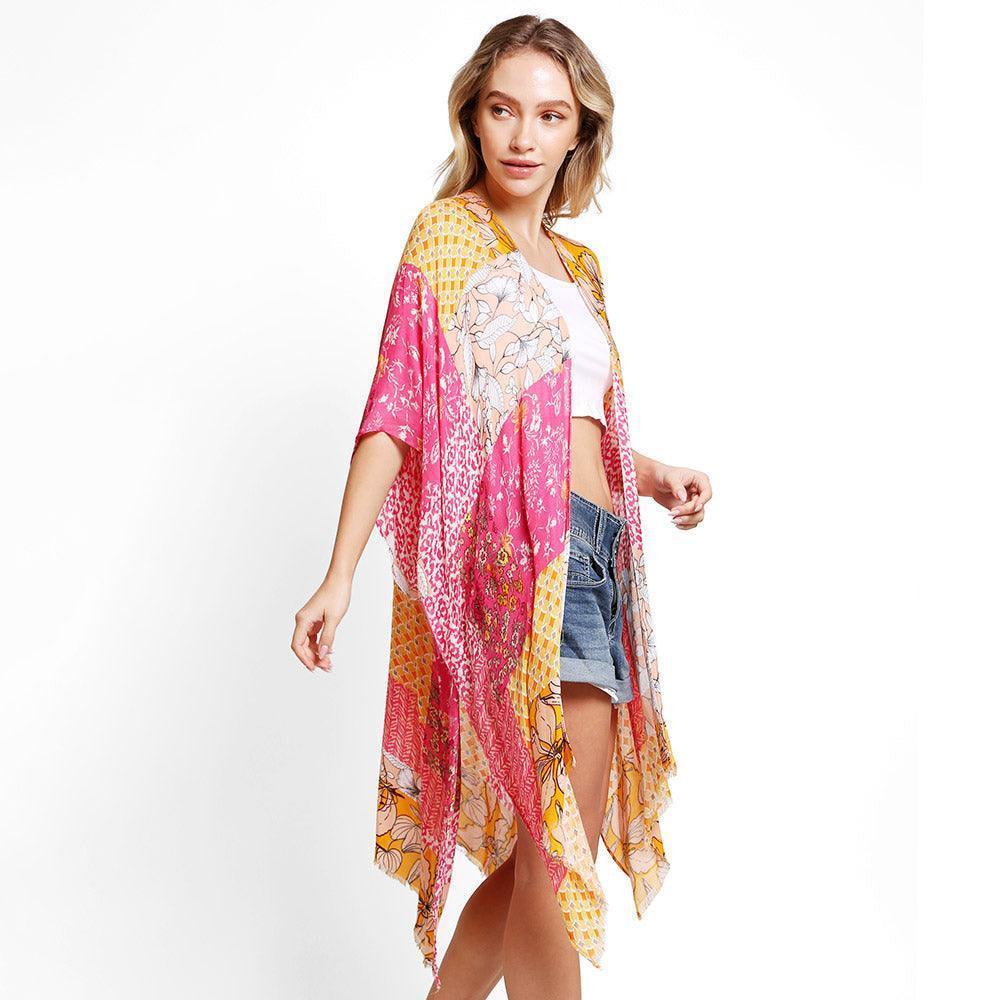 Fuchsia Floral Mixed Cover Up Kimono Poncho - Jewelry Store by Erik Rayo