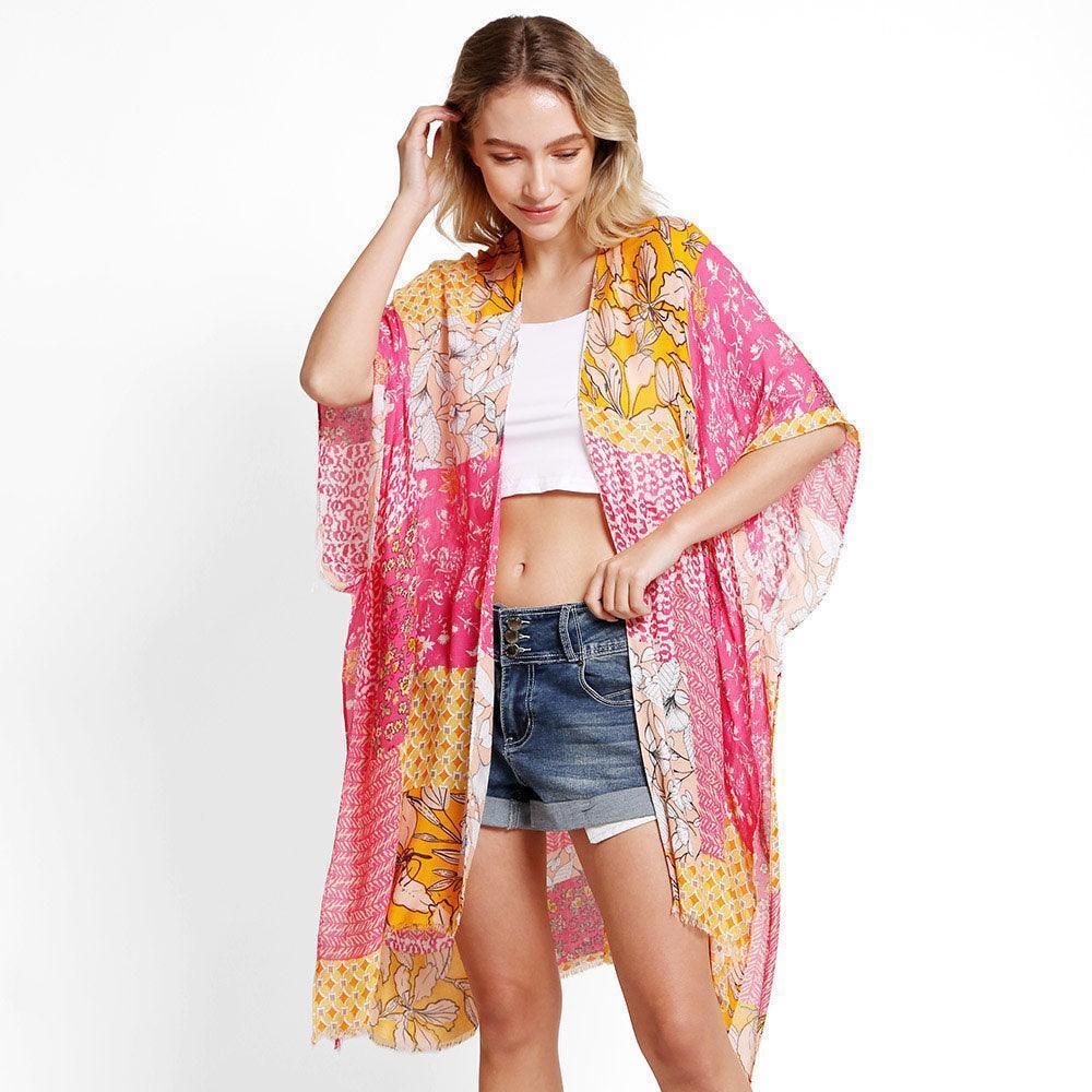 Fuchsia Floral Mixed Cover Up Kimono Poncho - Jewelry Store by Erik Rayo