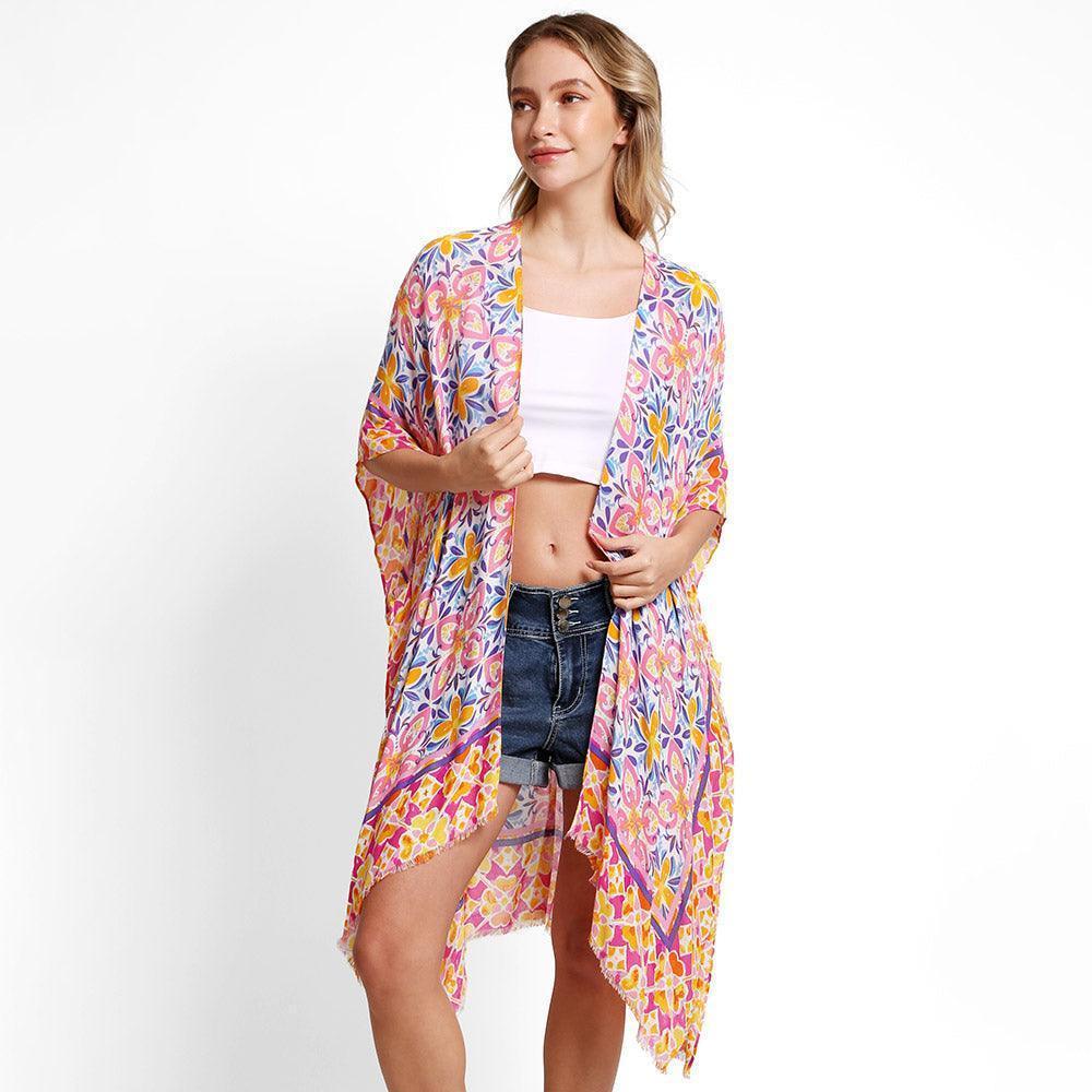 Pink Abstract Cover Up Kimono Poncho - Jewelry Store by Erik Rayo