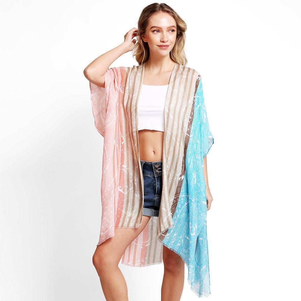 Orange Paisley Stripe Cover Up Kimono Poncho - Jewelry Store by Erik Rayo