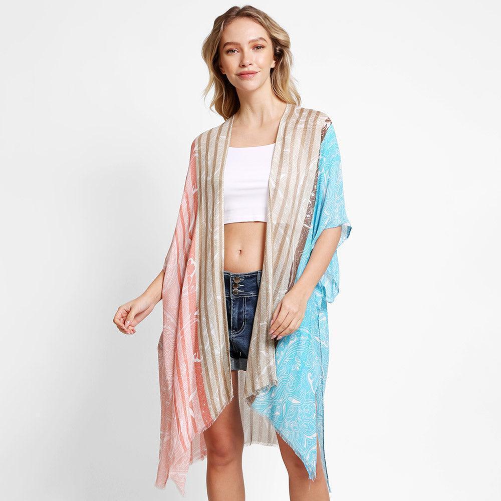 Orange Paisley Stripe Cover Up Kimono Poncho - Jewelry Store by Erik Rayo