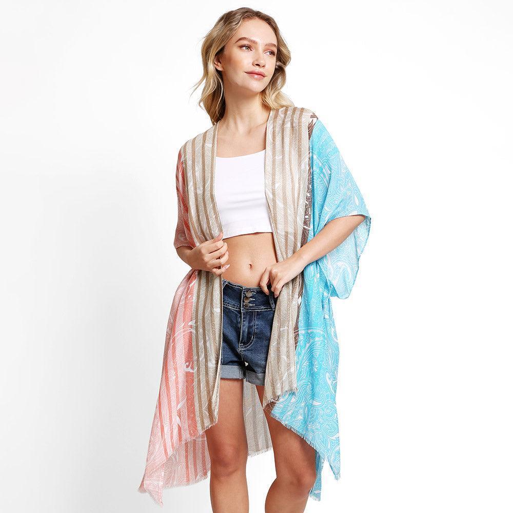 Orange Paisley Stripe Cover Up Kimono Poncho - Jewelry Store by Erik Rayo