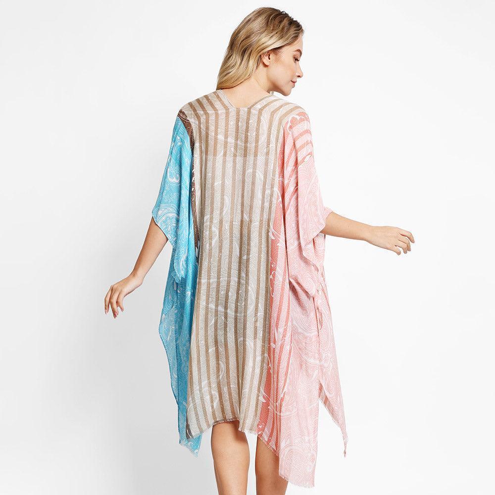 Orange Paisley Stripe Cover Up Kimono Poncho - Jewelry Store by Erik Rayo
