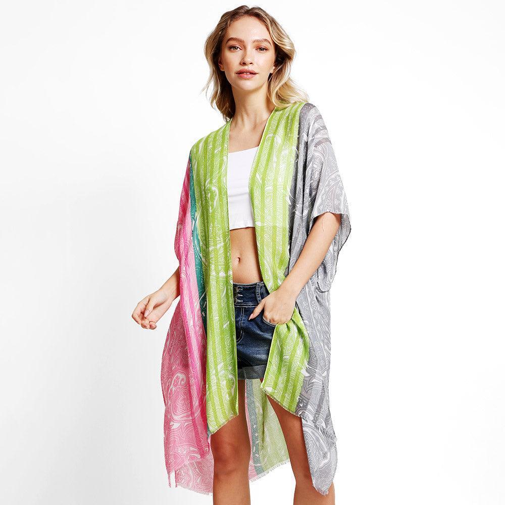Pink Paisley Stripe Cover Up Kimono Poncho - Jewelry Store by Erik Rayo