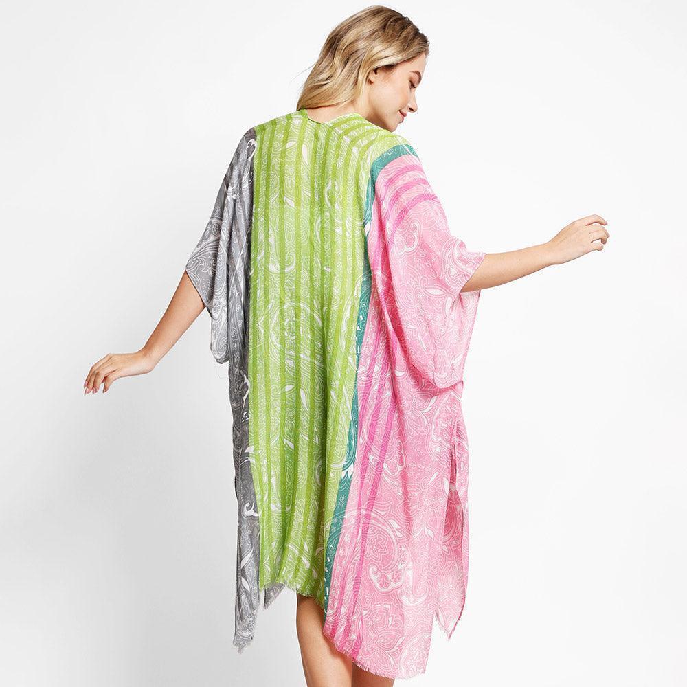 Pink Paisley Stripe Cover Up Kimono Poncho - Jewelry Store by Erik Rayo