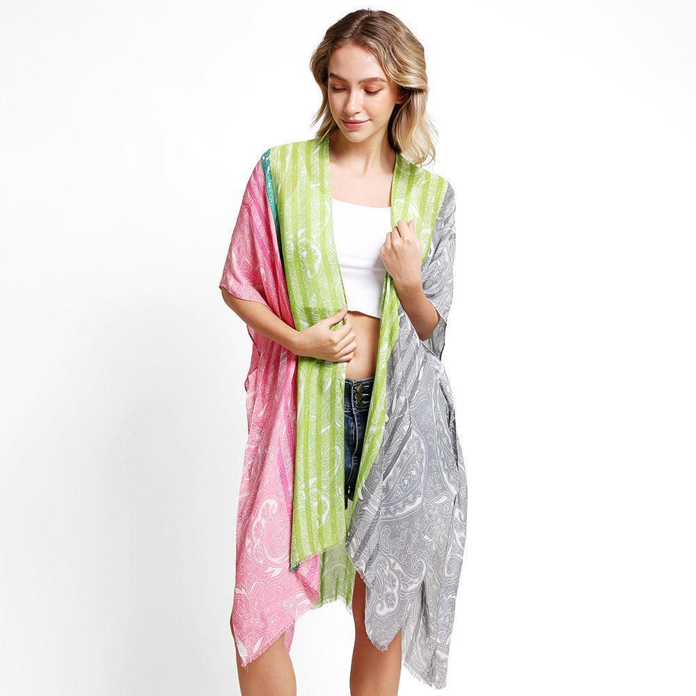 Pink Paisley Stripe Cover Up Kimono Poncho - Jewelry Store by Erik Rayo