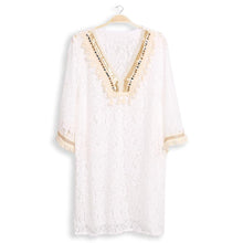 Load image into Gallery viewer, White Metal Studs and Sequin V Lace Cover Up Dress
