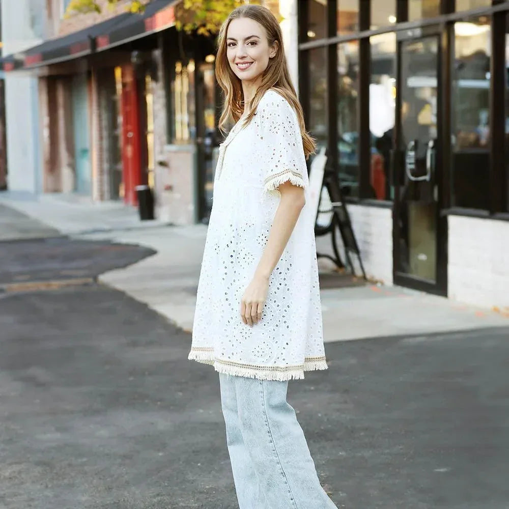White Braided V Neck Lace Cover Up Dress - Jewelry Store by Erik Rayo