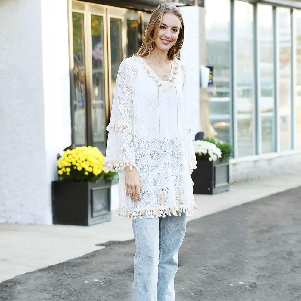White Pom Pom Tassel Tie knot V Neck Lace Cover Up Dress - Jewelry Store by Erik Rayo
