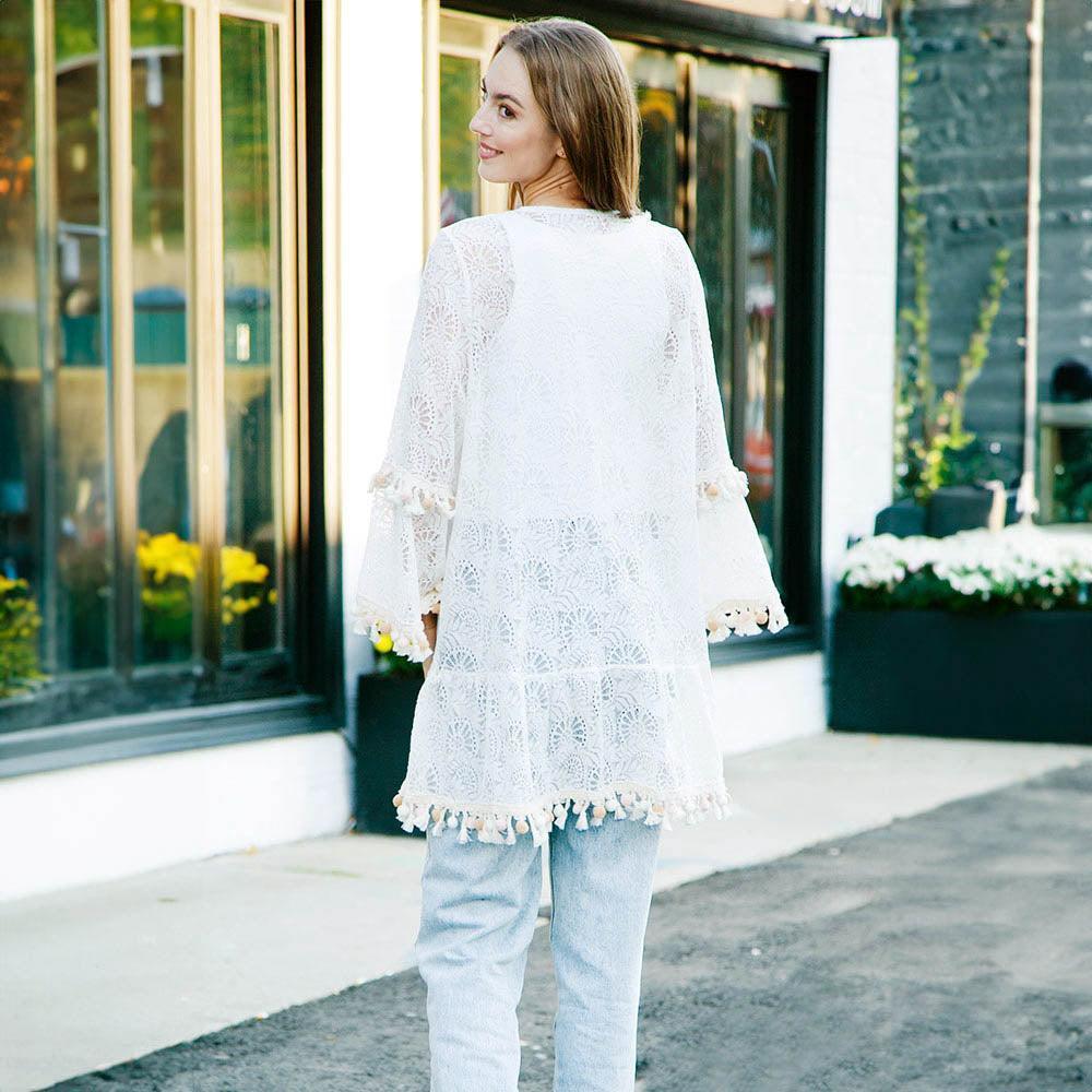 White Pom Pom Tassel Tie knot V Neck Lace Cover Up Dress - Jewelry Store by Erik Rayo