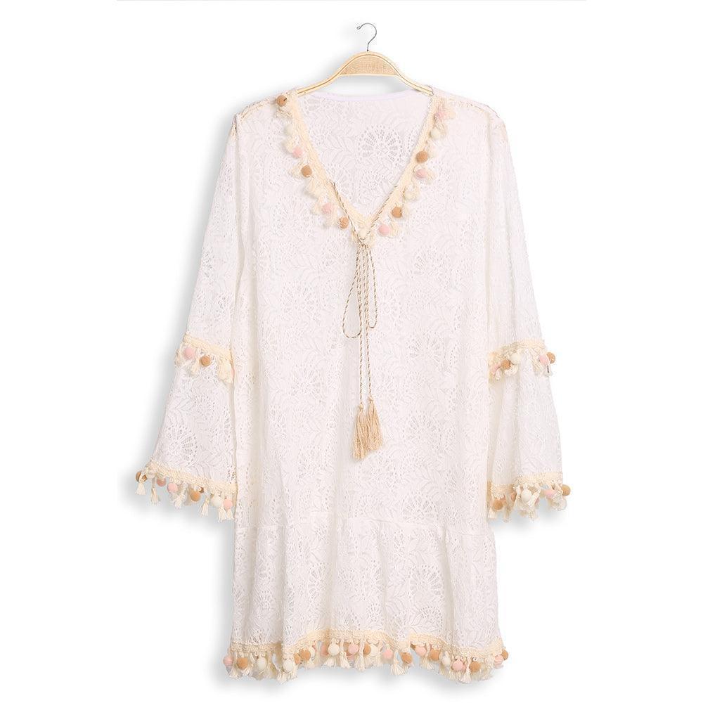 White Pom Pom Tassel Tie knot V Neck Lace Cover Up Dress - Jewelry Store by Erik Rayo