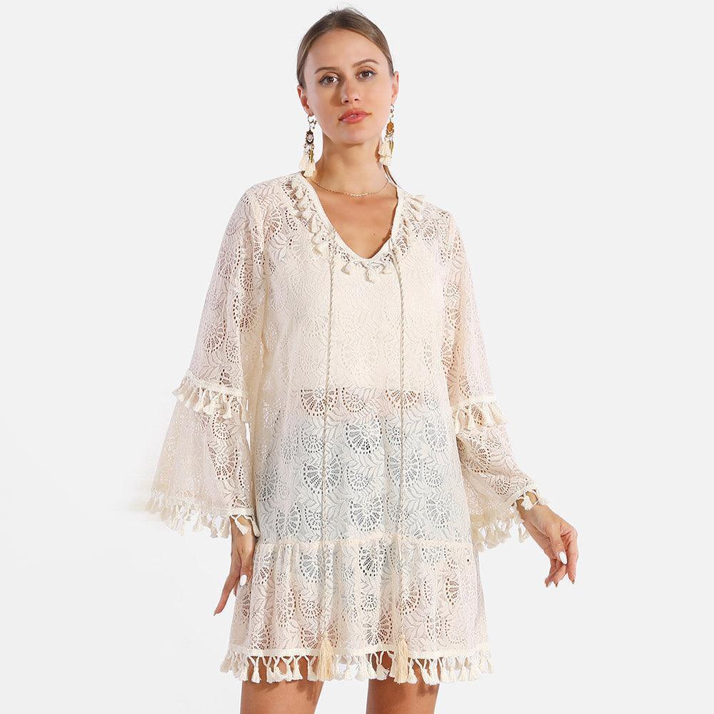 White Tassel Tie-Knot V Neck Lace Cover Up Dress - Jewelry Store by Erik Rayo