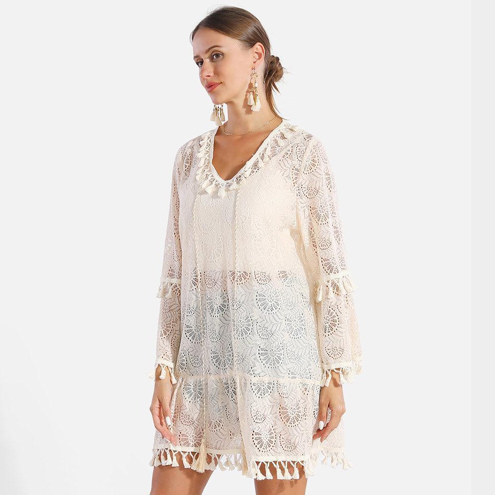 White Tassel Tie-Knot V Neck Lace Cover Up Dress - Jewelry Store by Erik Rayo