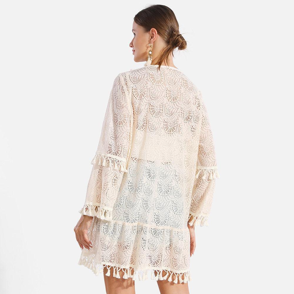 White Tassel Tie-Knot V Neck Lace Cover Up Dress - Jewelry Store by Erik Rayo