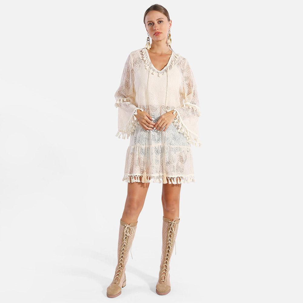 White Tassel Tie-Knot V Neck Lace Cover Up Dress - Jewelry Store by Erik Rayo