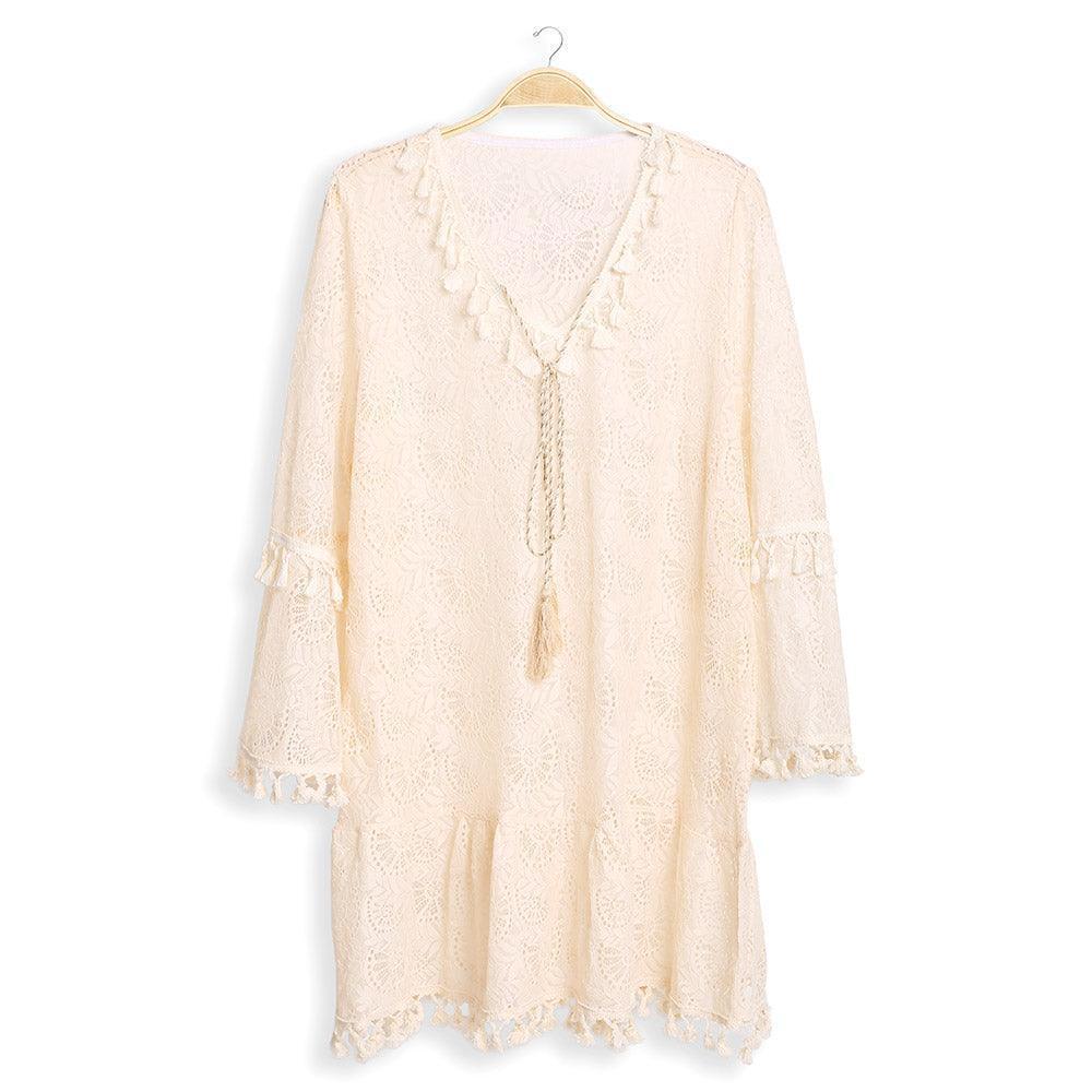 White Tassel Tie-Knot V Neck Lace Cover Up Dress - Jewelry Store by Erik Rayo