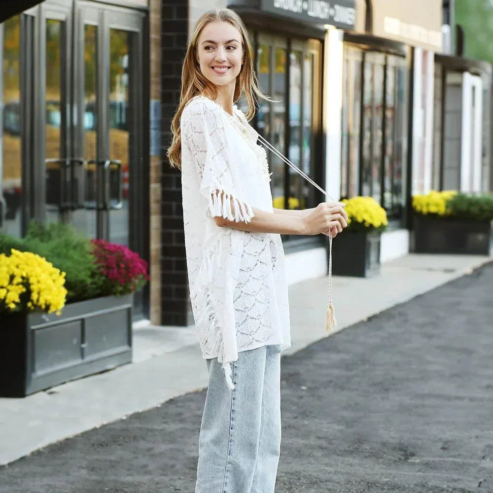 White Braided Tie-Knot V Neck Lace Cover Up Dress - Jewelry Store by Erik Rayo